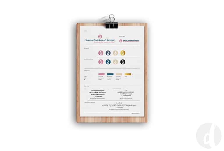 Styleguide, Farbpalette, Schriften und ergänzende Grafiken für das Branding für Berufungscoach Susanne Steinkampf - Delicious Design
